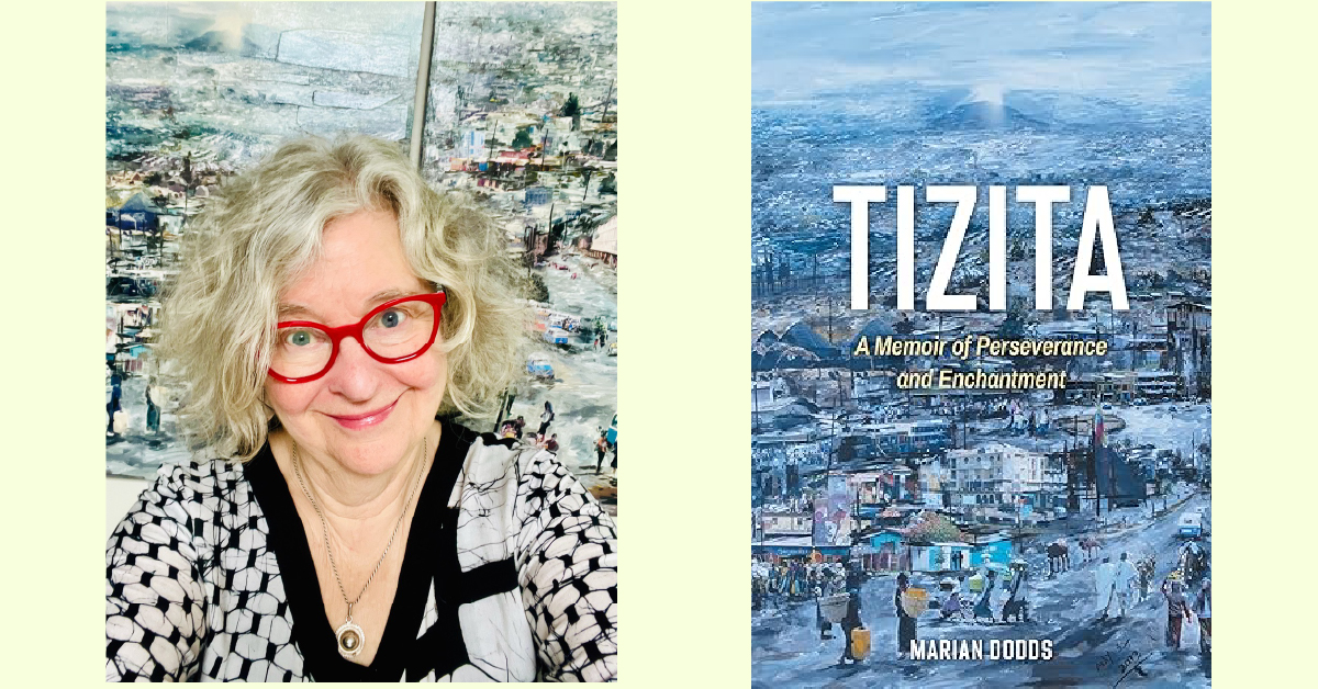 A person with curly blonde hair sits indoors wearing a patterned black‑and‑white top, positioned beside the cover of a book titled Tizita: A Memoir of Perseverance and Enchantment by Marian Dodds, which features a painted cityscape in cool blue tones - a podcast guest
